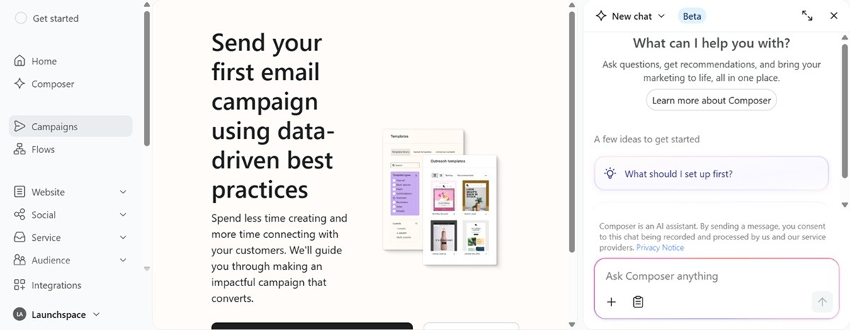 Klaviyo Composer AI marketing agent interface for campaign creation and workflow optimization.